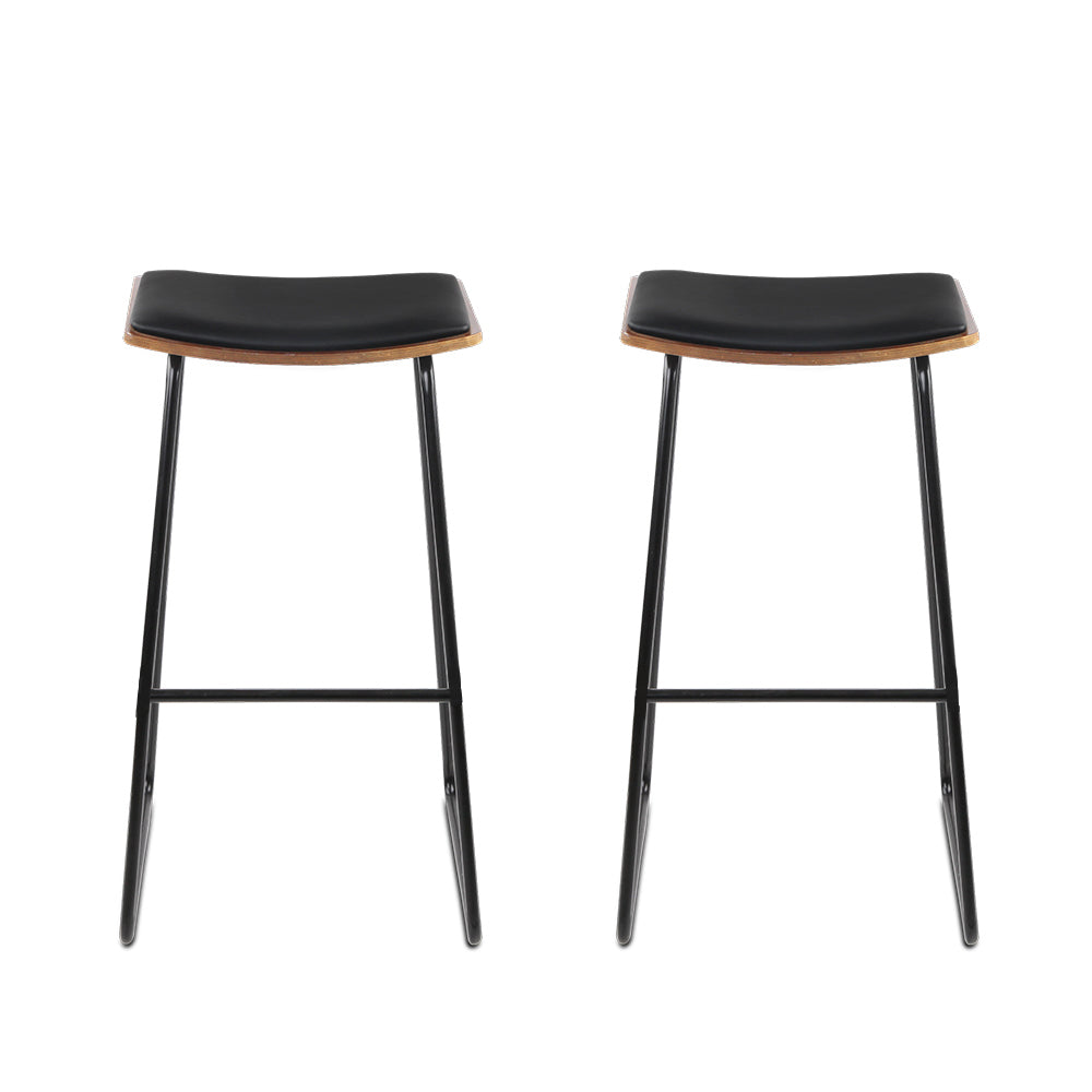 Artiss Set of 2 Backless PU Leather Bar Stools in black and wood, featuring a padded seat and sturdy metal frame.